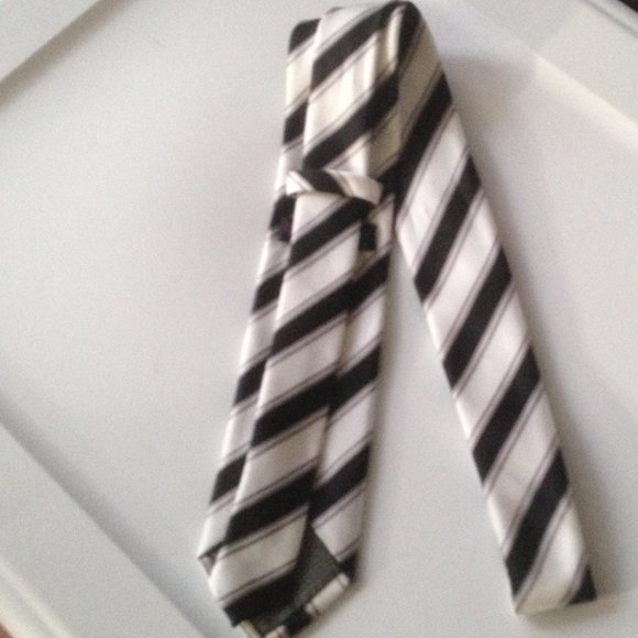 Men's Black & White Striped Tie - Picture 2 of 2